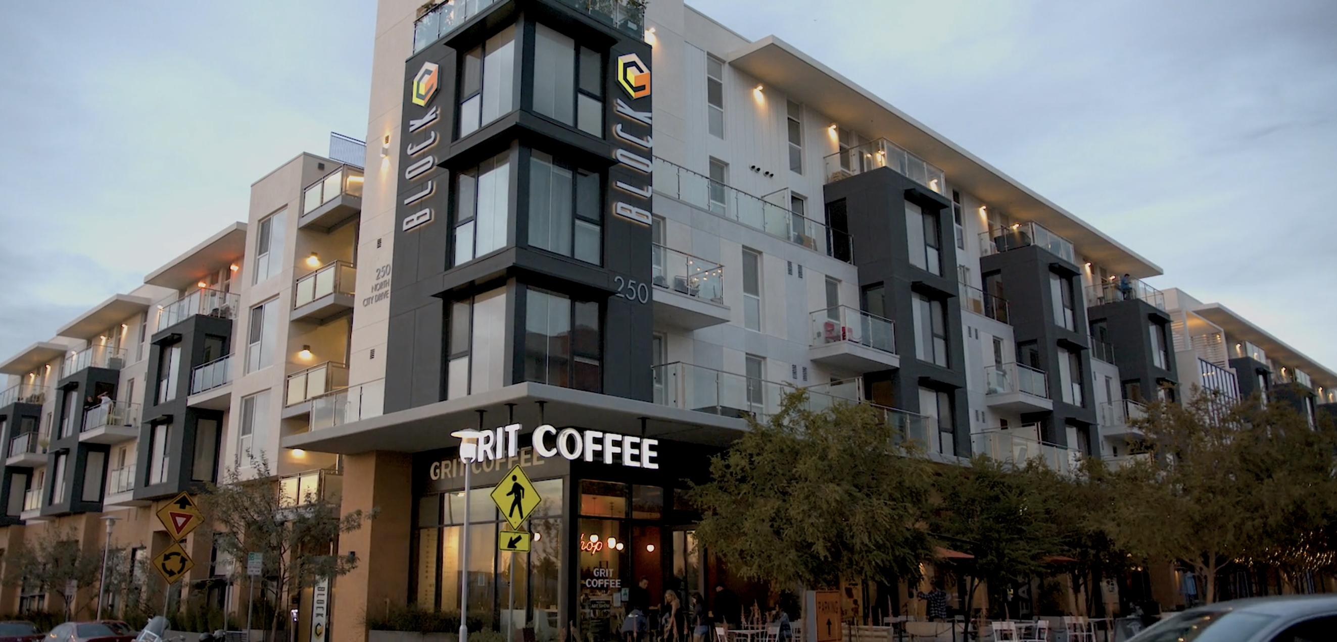 North County mixed-use economic development at dusk