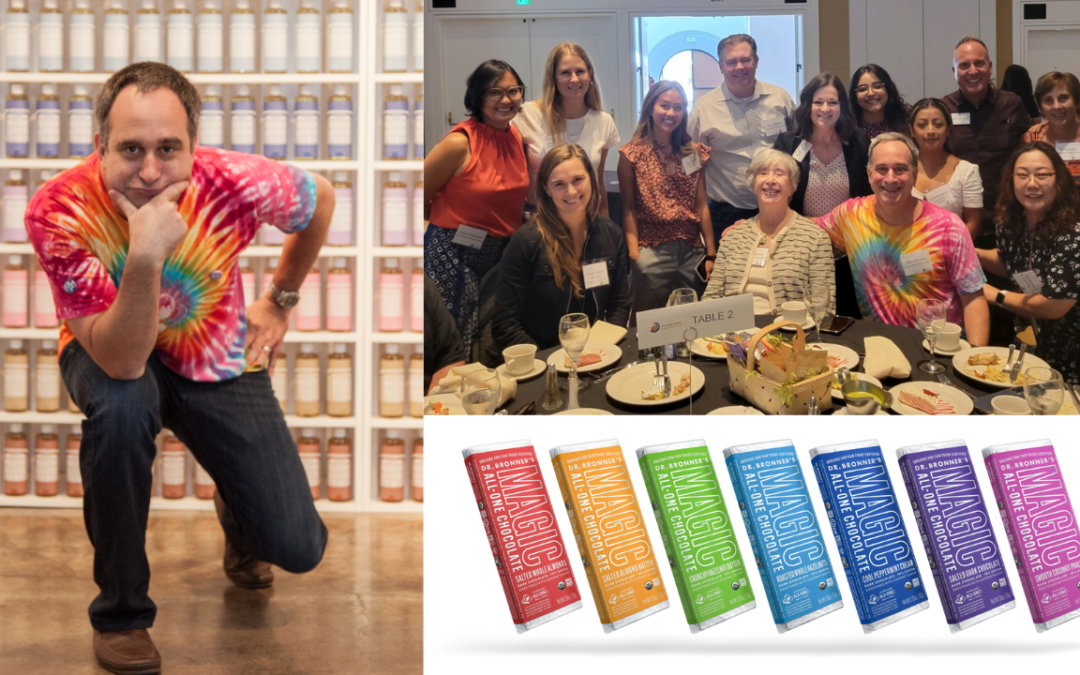 Collage: Michael Bronner, President at Dr. Bronner's. Dr. Bronner's team at the 2022 North County Spotlight event. Dr. Bronner's chocolate bars.