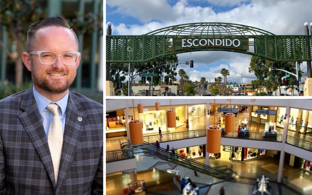 Collage: Mayor Dane White, City of Escondido sign, North County Mall